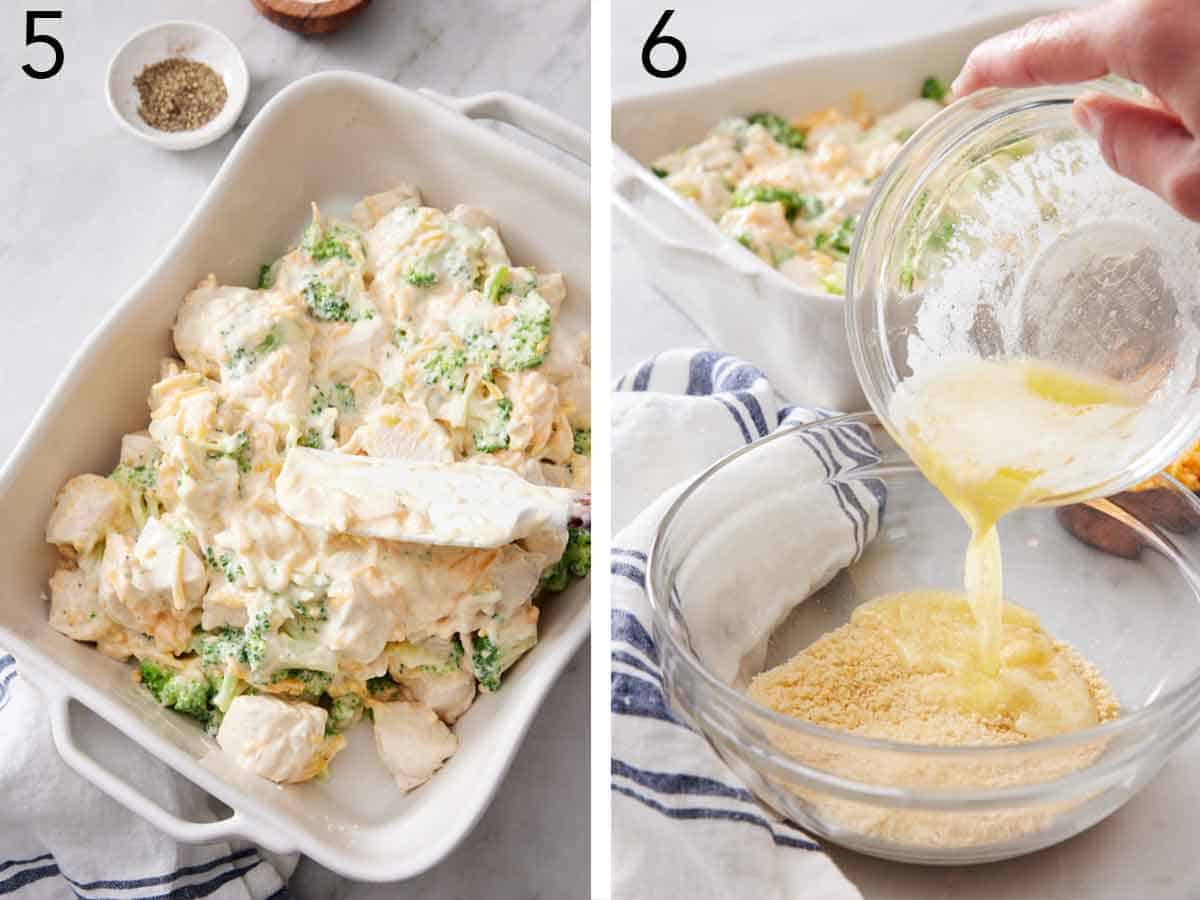 Set of two photos showing mixture added to a white baking dish and melted butter added to breadcrumbs.