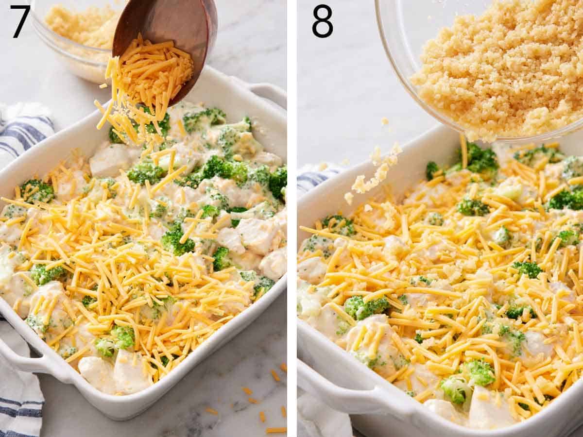 Set of two photos showing shredded cheese and breadcrumbs added over the filling in the baking dish.