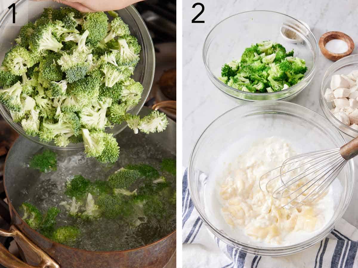 Set of two photos showing broccoli added to a pot of water and wet ingredients whisked in a bowl.