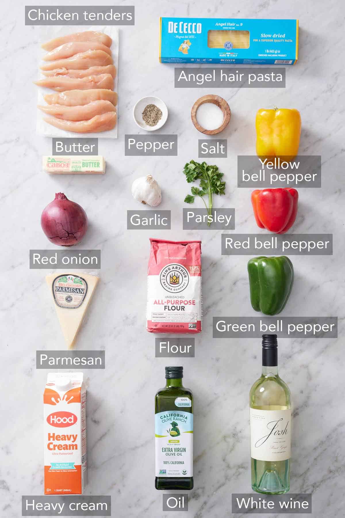 Ingredients needed to make chicken scampi.