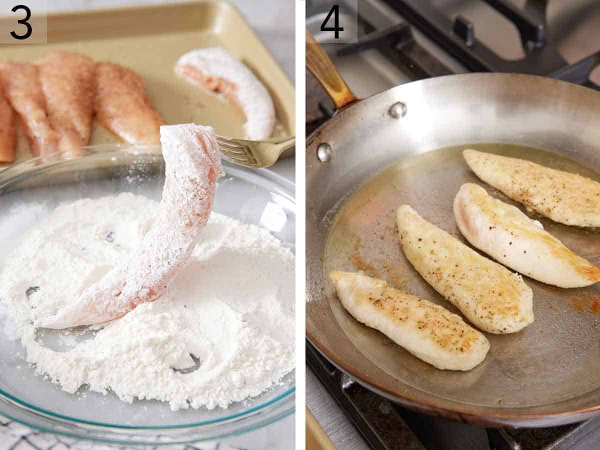 Set of two photos showing chicken coated in flour and pan seared.