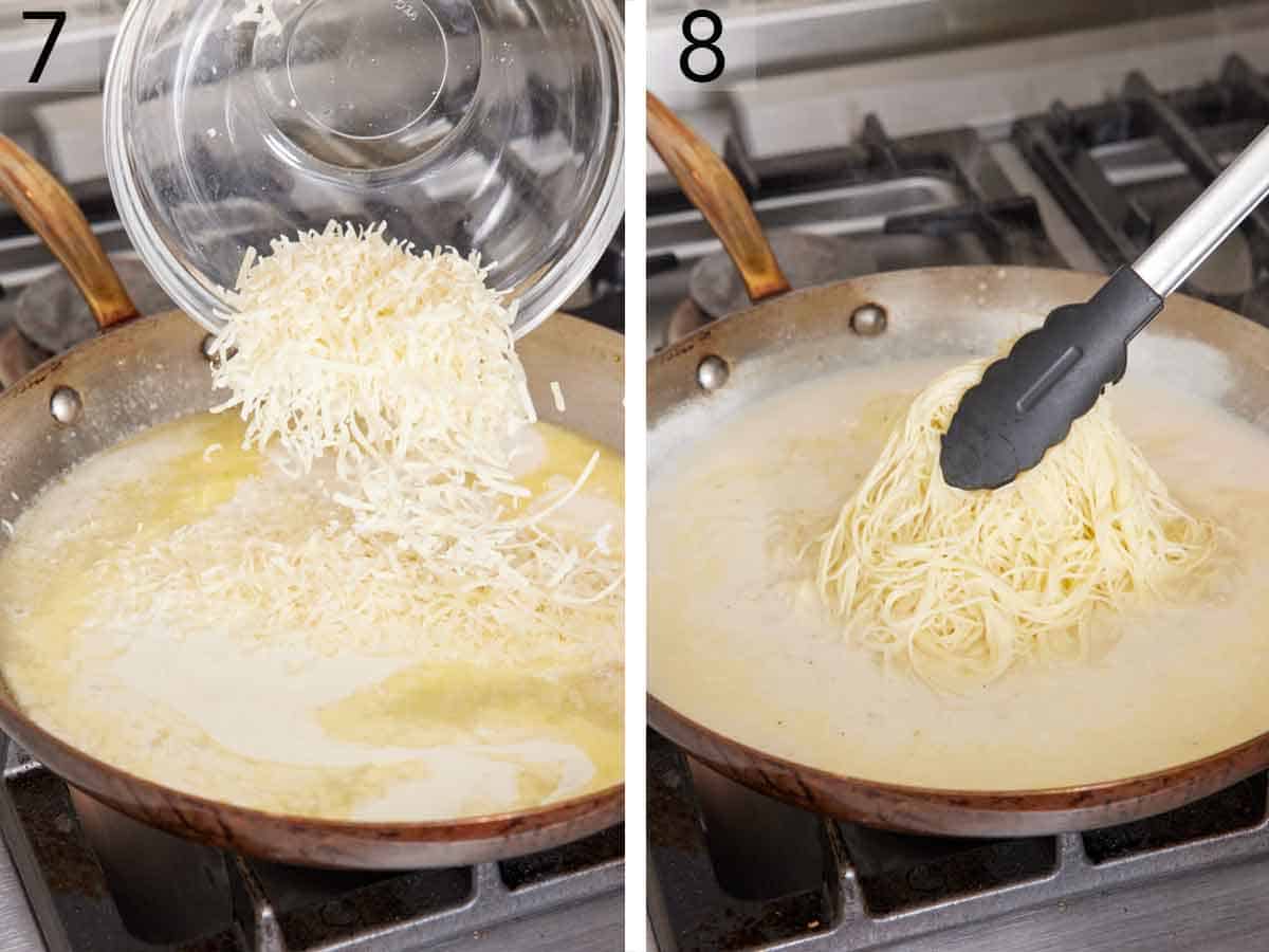 Set of two photos showing cheese added to a skillet with sauce then pasta added.