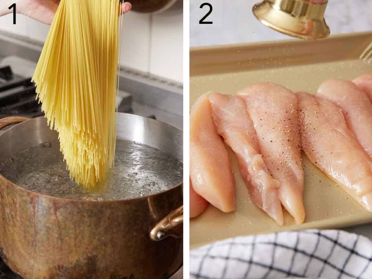 Set of two photos showing pasta added to a pot of water and meat being seasoned with salt and pepper.