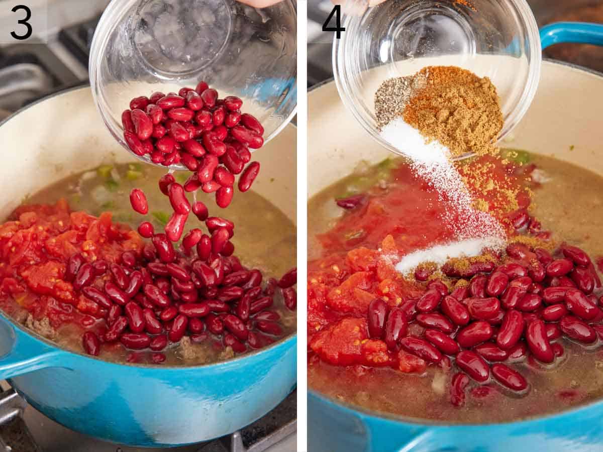 Set of two photos showing kidney beans, tomatoes, and seasoning added to a pot.