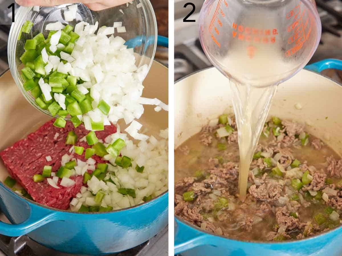 Set of two photos showing ground beef, diced onions, and diced bell pepper into a pot and broth added after the beef has been browned.