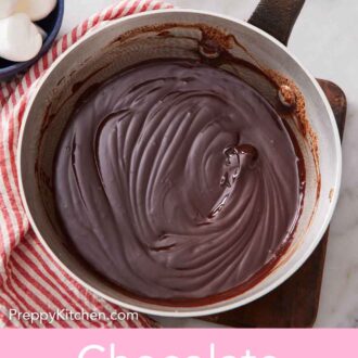 Pinterest graphic of a saucepan of chocolate fondue with bowls of multiple dipper options in the background.