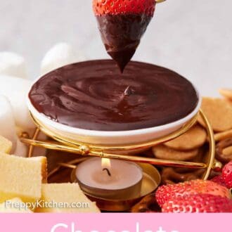 Pinterest graphic of a strawberry coated in chocolate lifted out from a bowl of chocolate fondue.