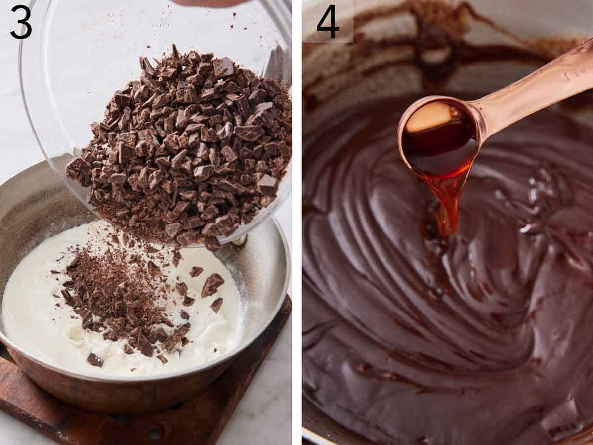 Set of two photos showing chocolate and vanilla extra added to the saucepan.