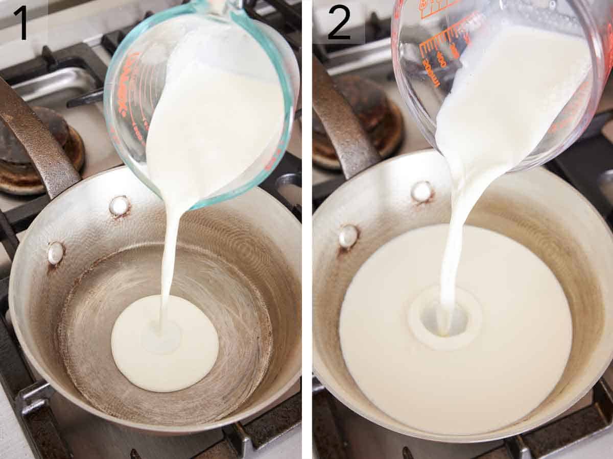 Set of two photos showing milk and cream added to a saucepan.