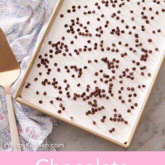 Pinterest graphic of an overhead view of a pan of chocolate lasagna.
