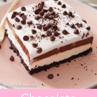 Pinterest graphic of a plate with a slice of chocolate lasagna.