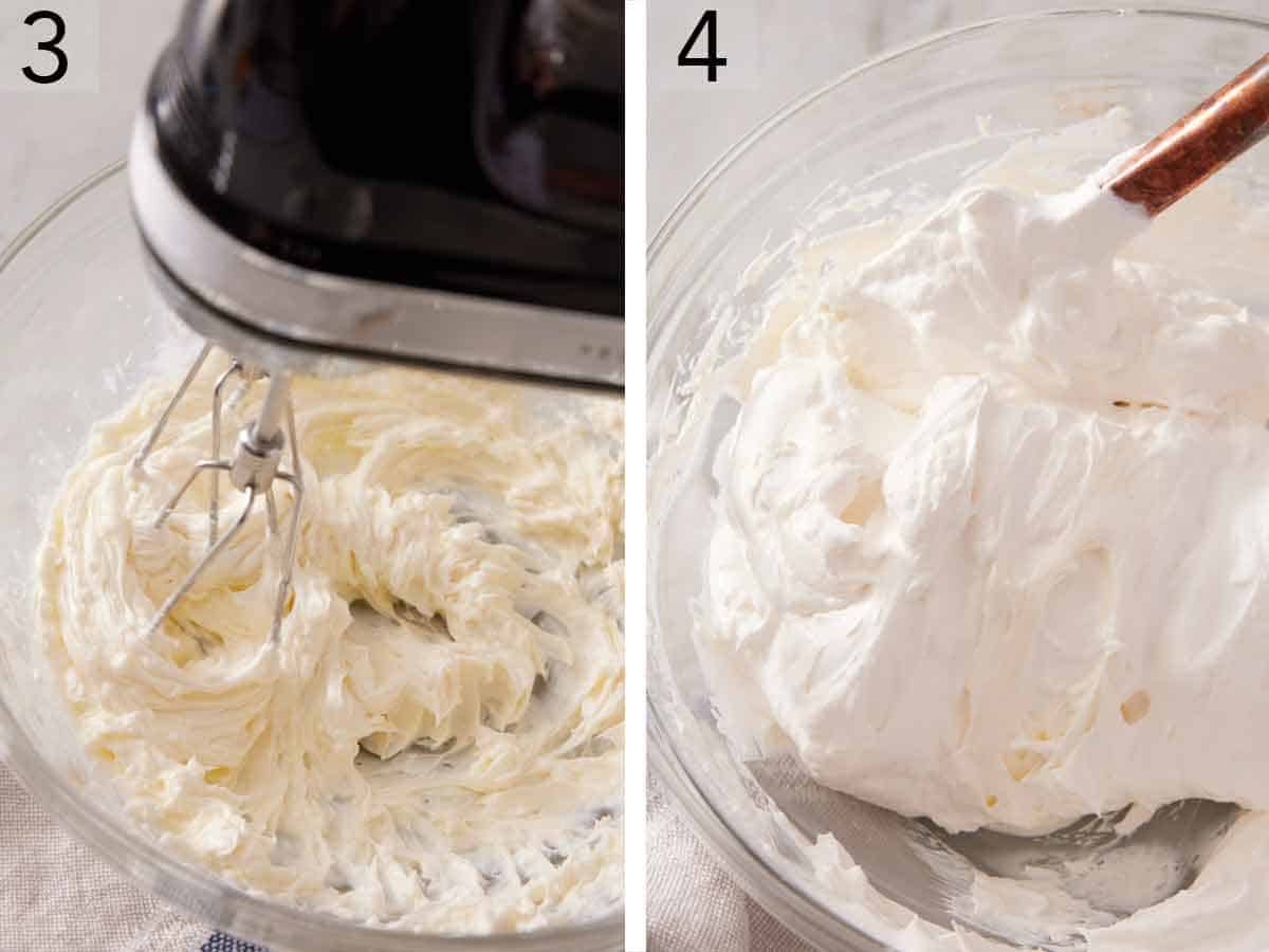 Set of two photos showing cream cheese whipped and folded with cool whip.