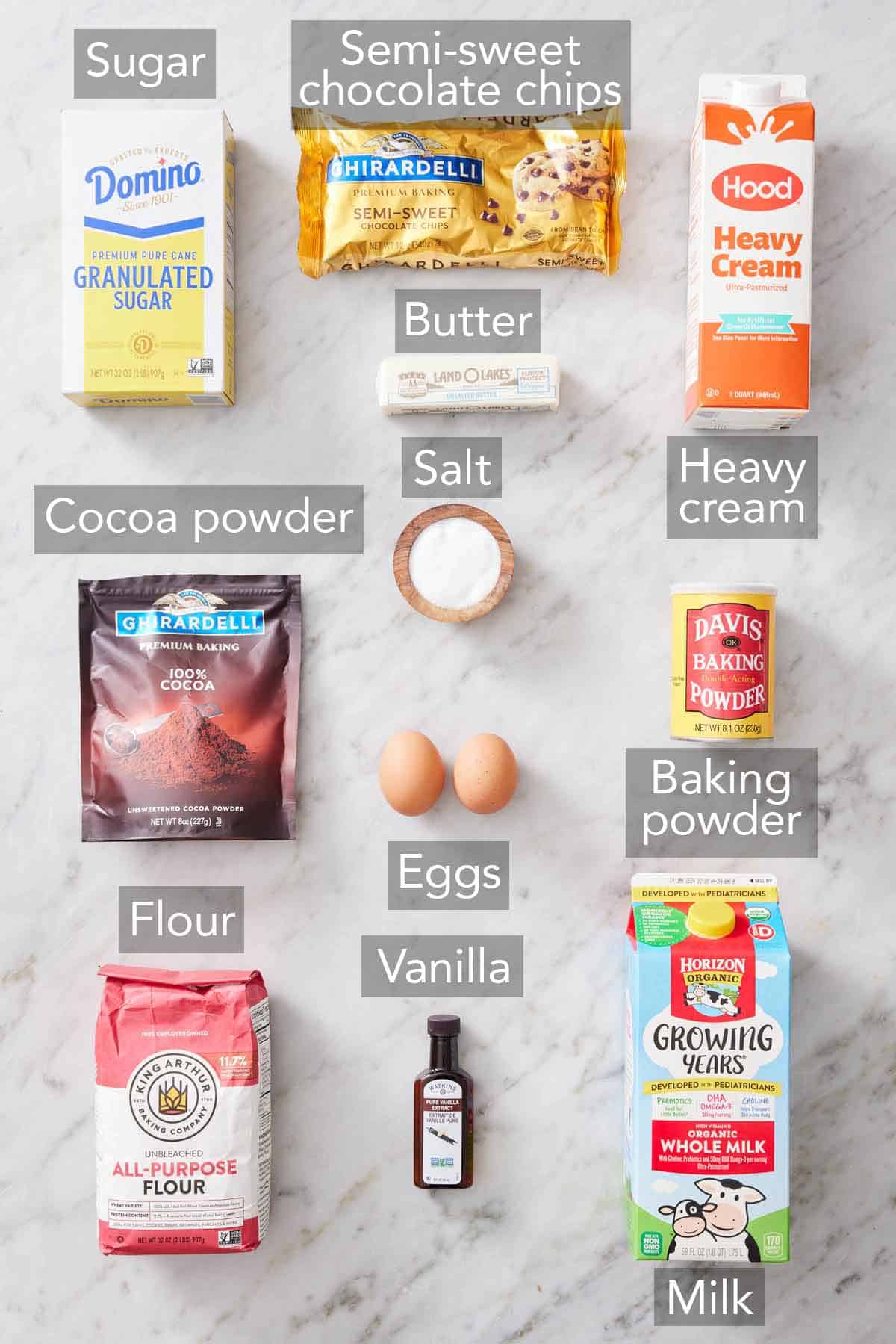 Ingredients needed to make chocolate pancakes.