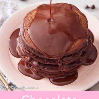 Pinterest graphic of a stack of chocolate pancakes on a plate with chocolate sauce poured on top.