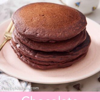 Pinterest graphic of a stack of four chocolate pancakes on a pink plate.