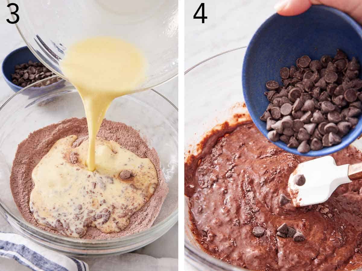 Set of two photos showing wet ingredients poured into the dry ingredients. Chocolate chips poured into the mixed batter.