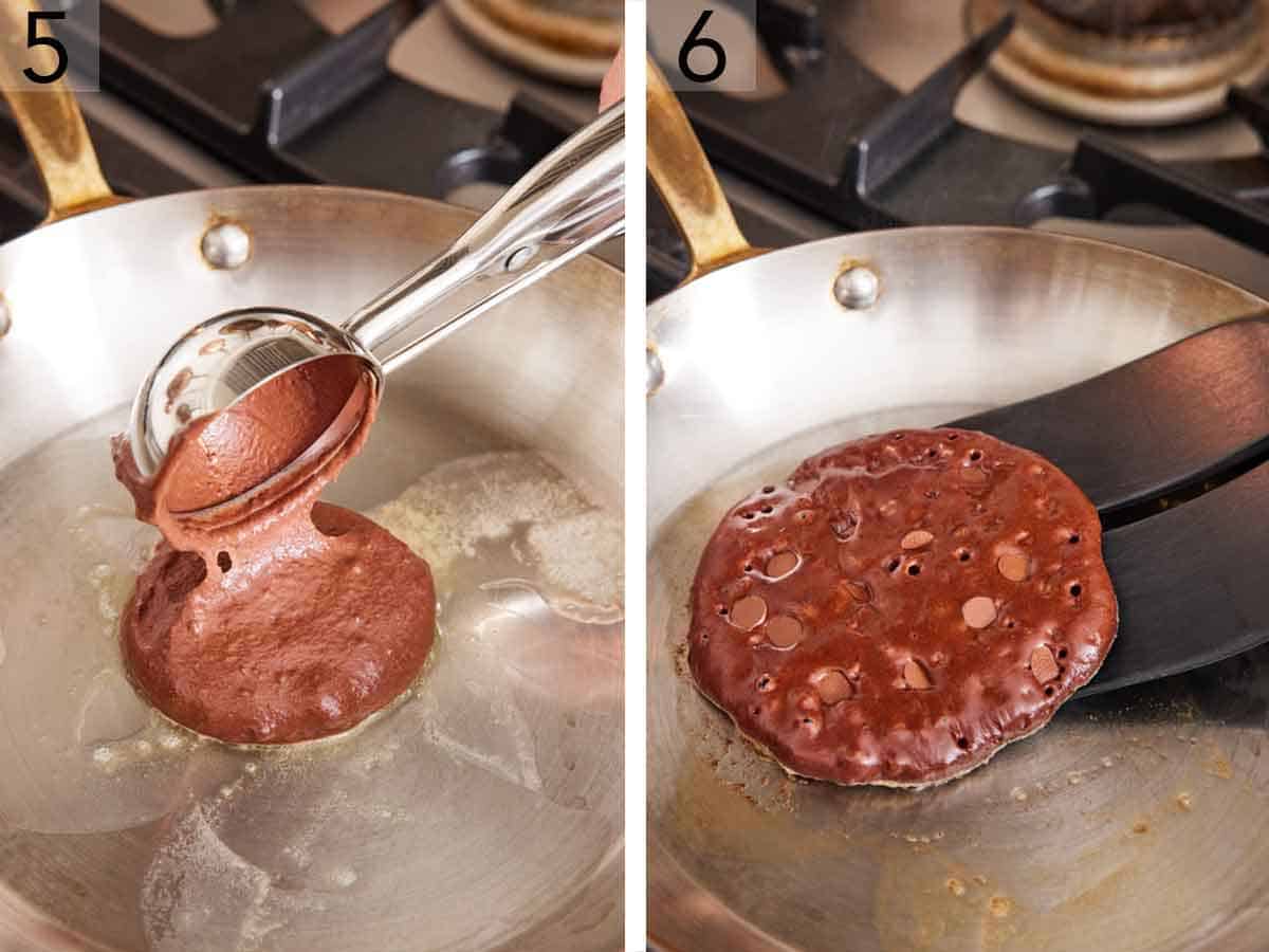 Set of two photos showing batter scooped onto a pan and then flipped.
