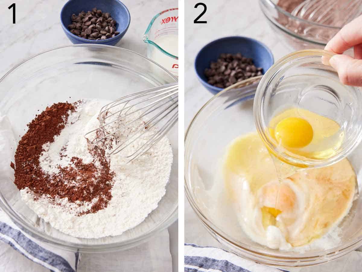 Set of two photos showing dry ingredients whisked and wet ingredients combined in another bowl.