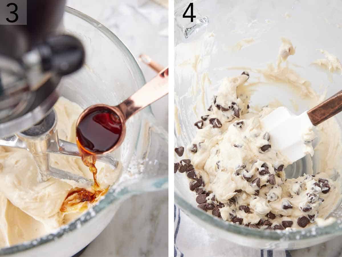 Set of two photos showing vanilla extract added to the mixer and then chocolate chips folded into the mixture.