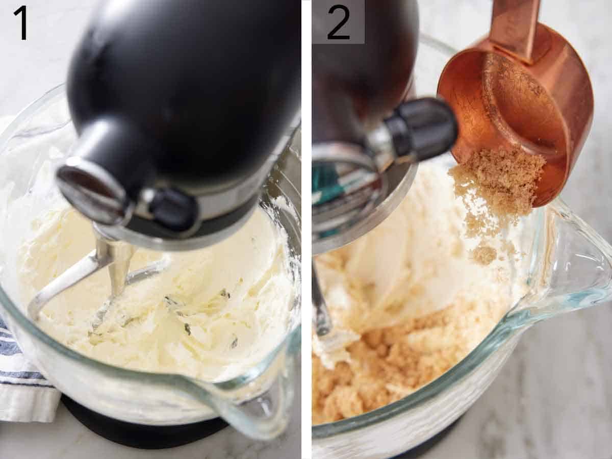 Set of two photos showing butter and cream cheese beat in a mixer and brown sugar added.