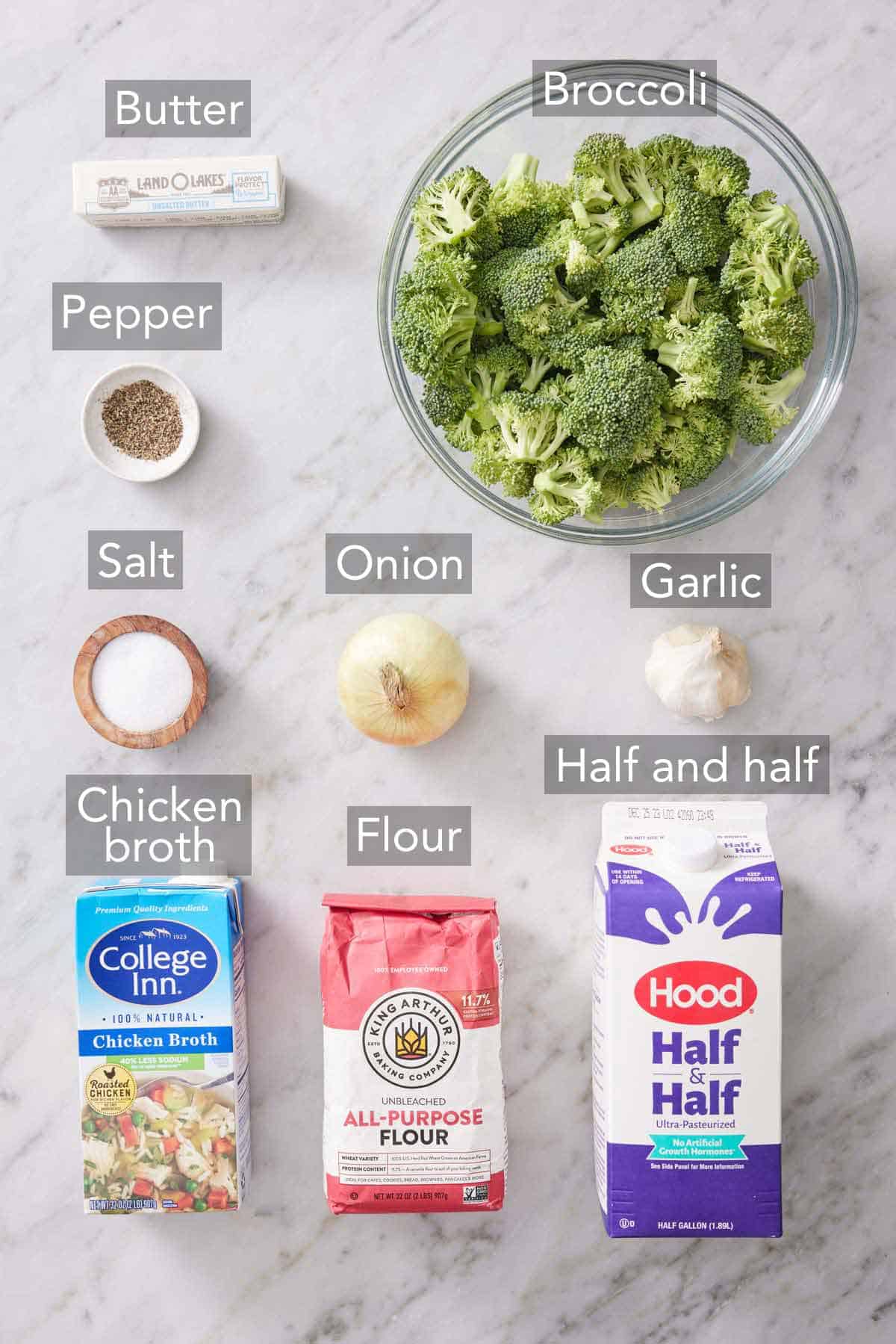 Ingredients needed to make cream of broccoli soup.