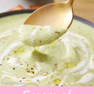 Pinterest graphic of a spoon lifting up a bite of cream of broccoli soup.
