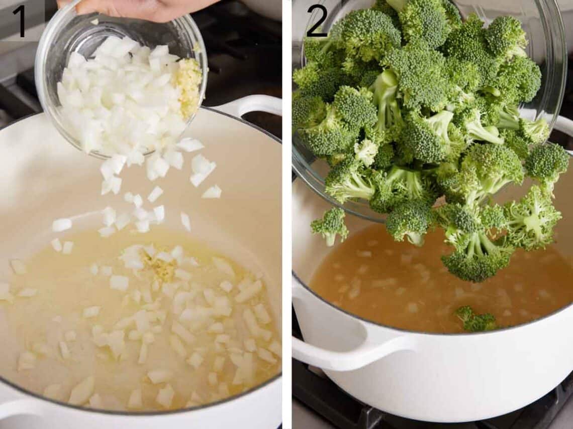 Set of two photos showing onions and garlic added to a pot and then broccoli added.
