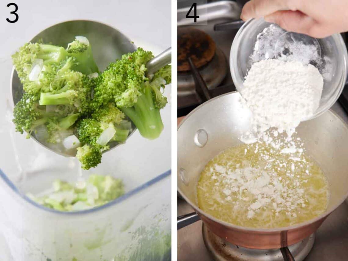Set of two photos showing broccoli mixture added to a blender and flour added to melted butter.