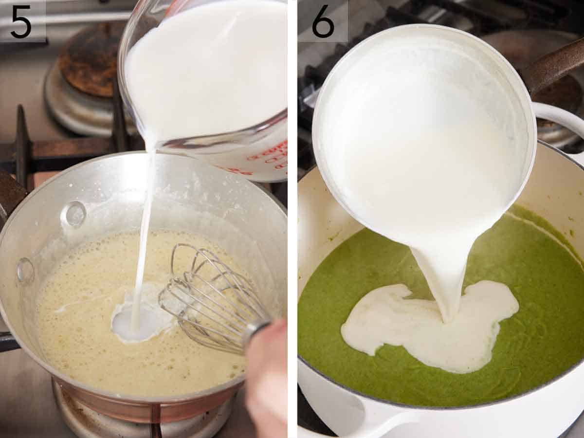 Set of two photos showing half and half poured into the pot with the butter and flour and the blended broccoli mixture combined with the half and half mixture.