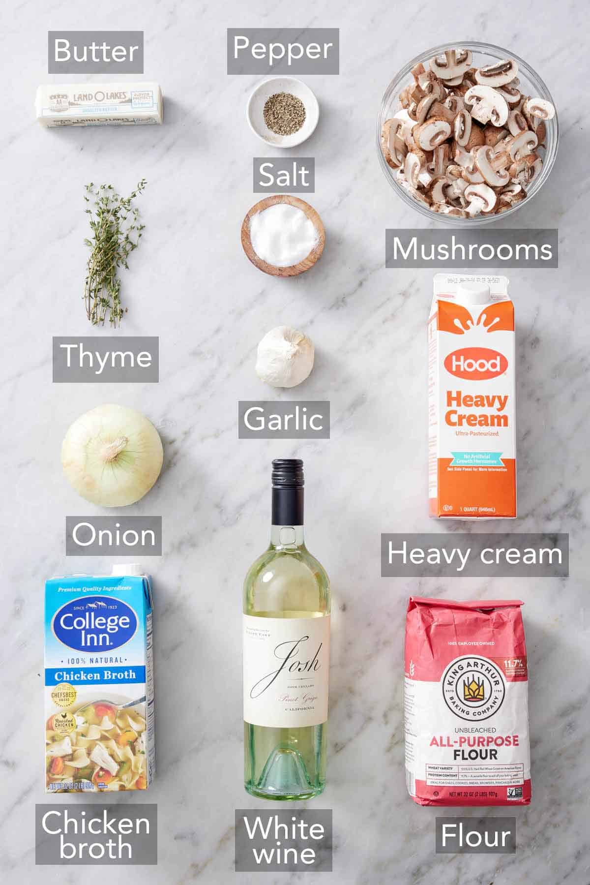 Ingredients needed to make cream of mushroom soup.