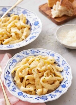 A bowl of cooked egg noodles with a second bowl in the background along with a bowl of parmesan and torn bread.