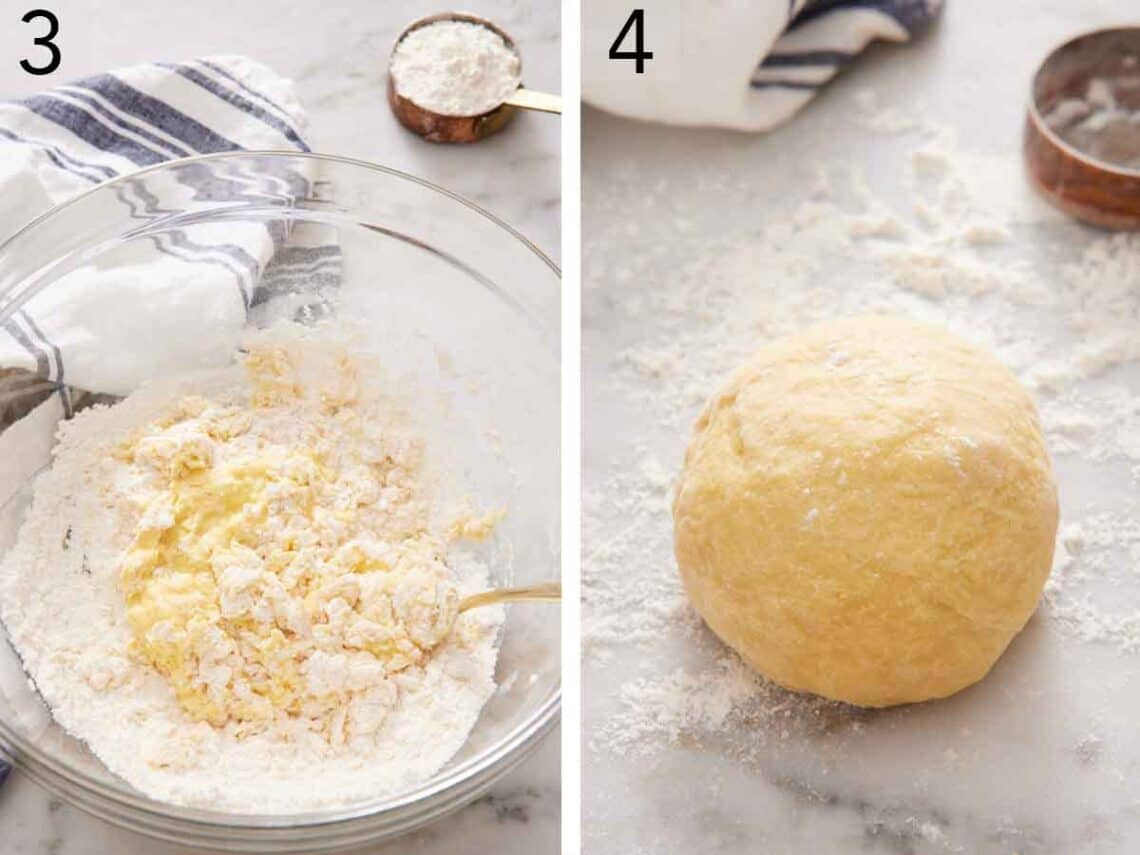 Set of two photos showing the dough mixed and kneaded into a ball.
