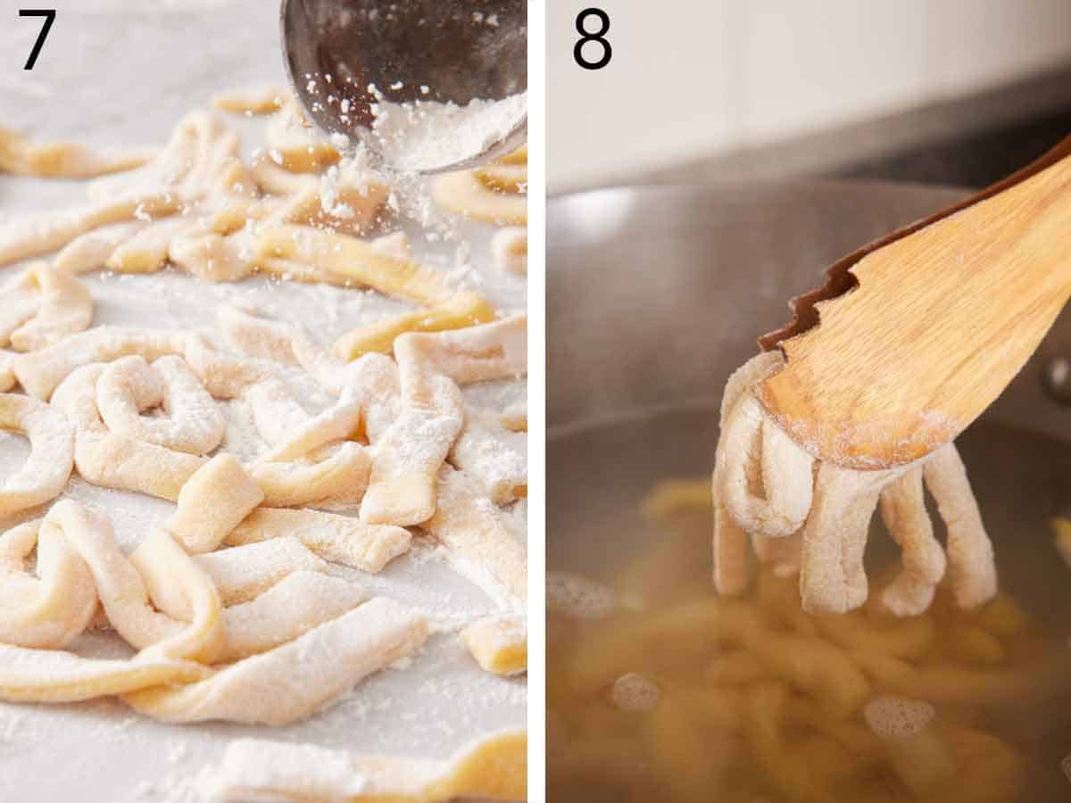 Set of two photos showing flour sprinkled over the cut dough and then added to a pot of water.