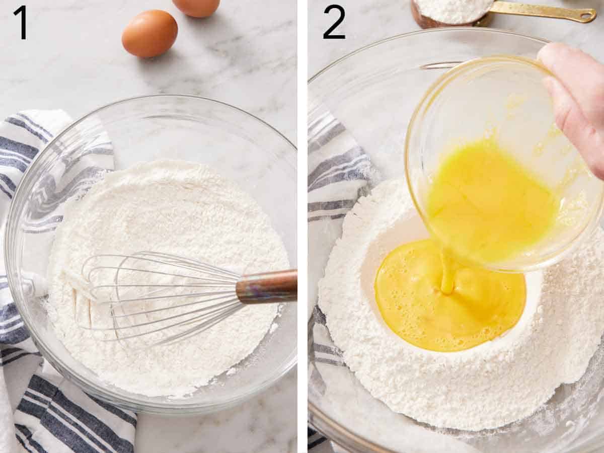 Set of two photos showing flour whisked in a bowl and beaten eggs added to the center.