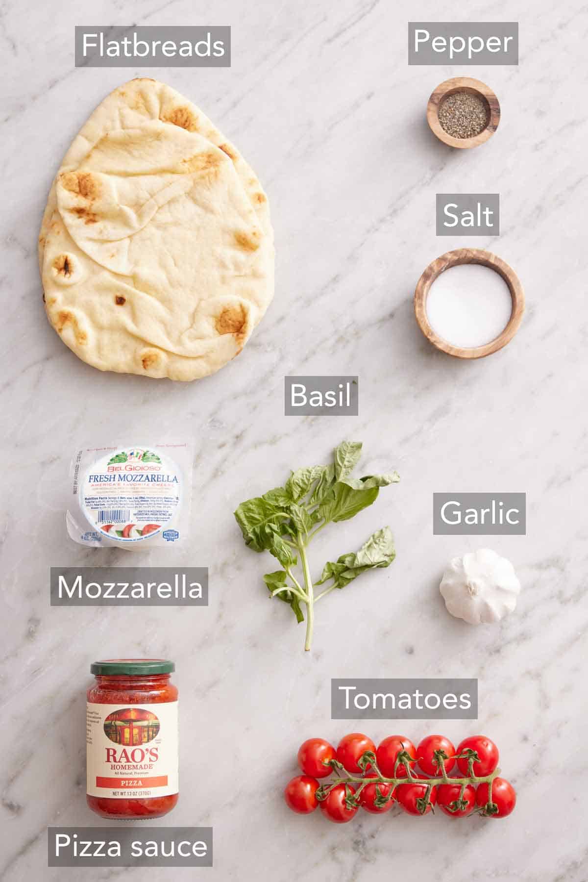 Ingredients needed to make flatbread pizza.