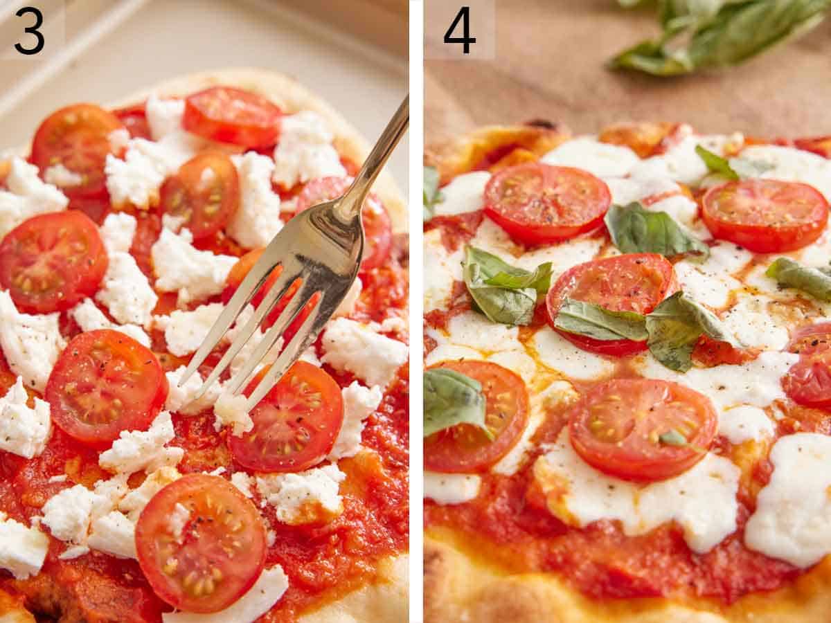 Set of two photos cut tomatoes and basil added to the flatbread.