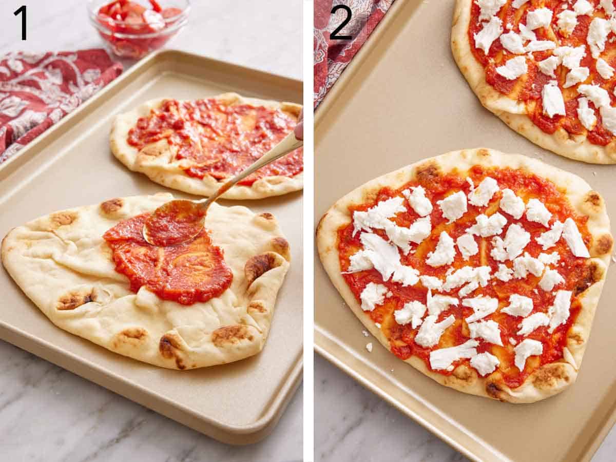 Set of two photos showing flatbreads on a sheet pan with pizza sauce spread on top and cheese placed on top.