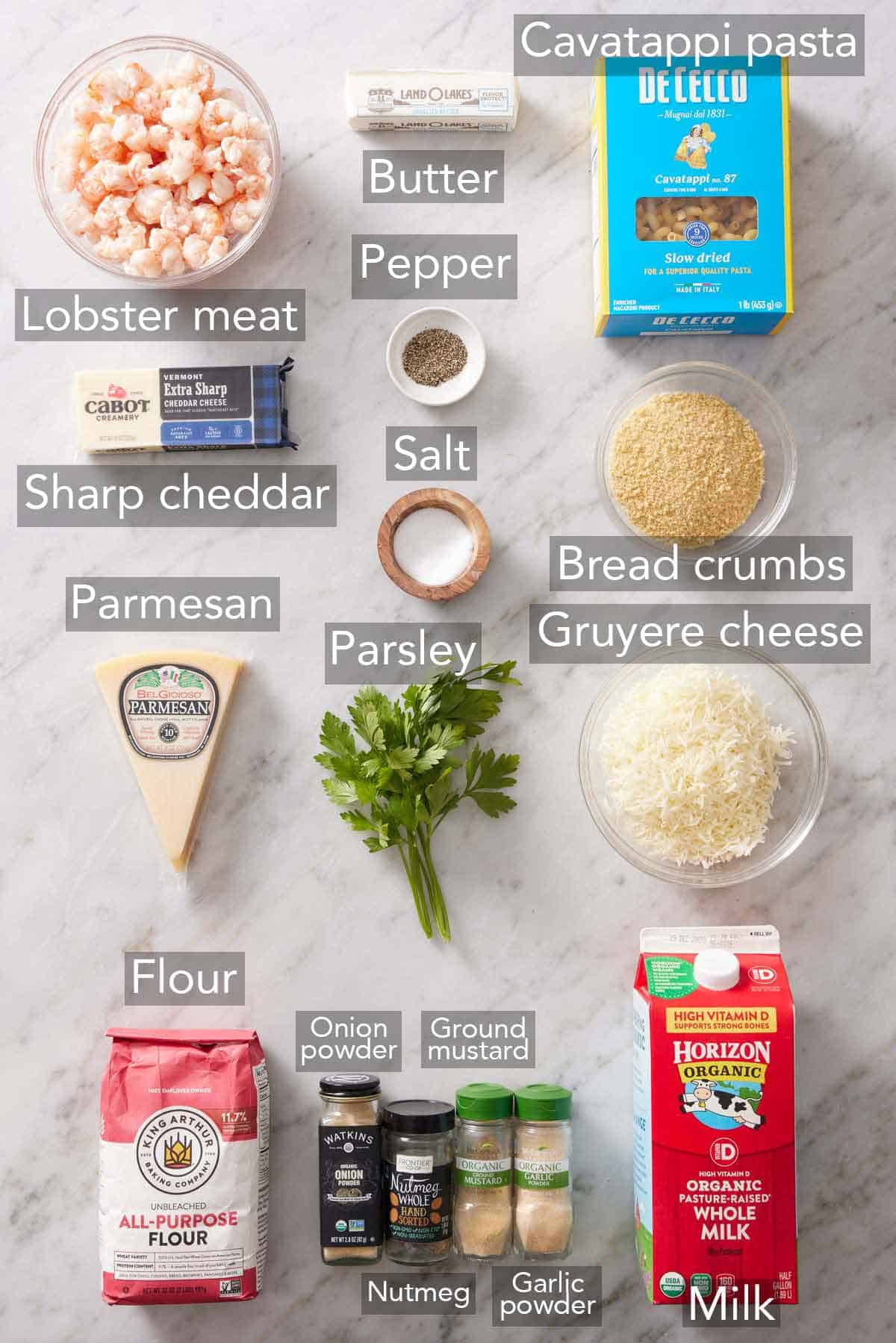 Ingredients needed to make lobster mac and cheese.