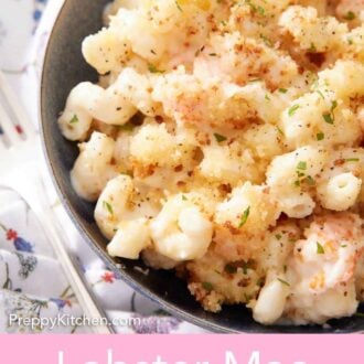 Pinterest graphic of a bowl of lobster mac and cheese.