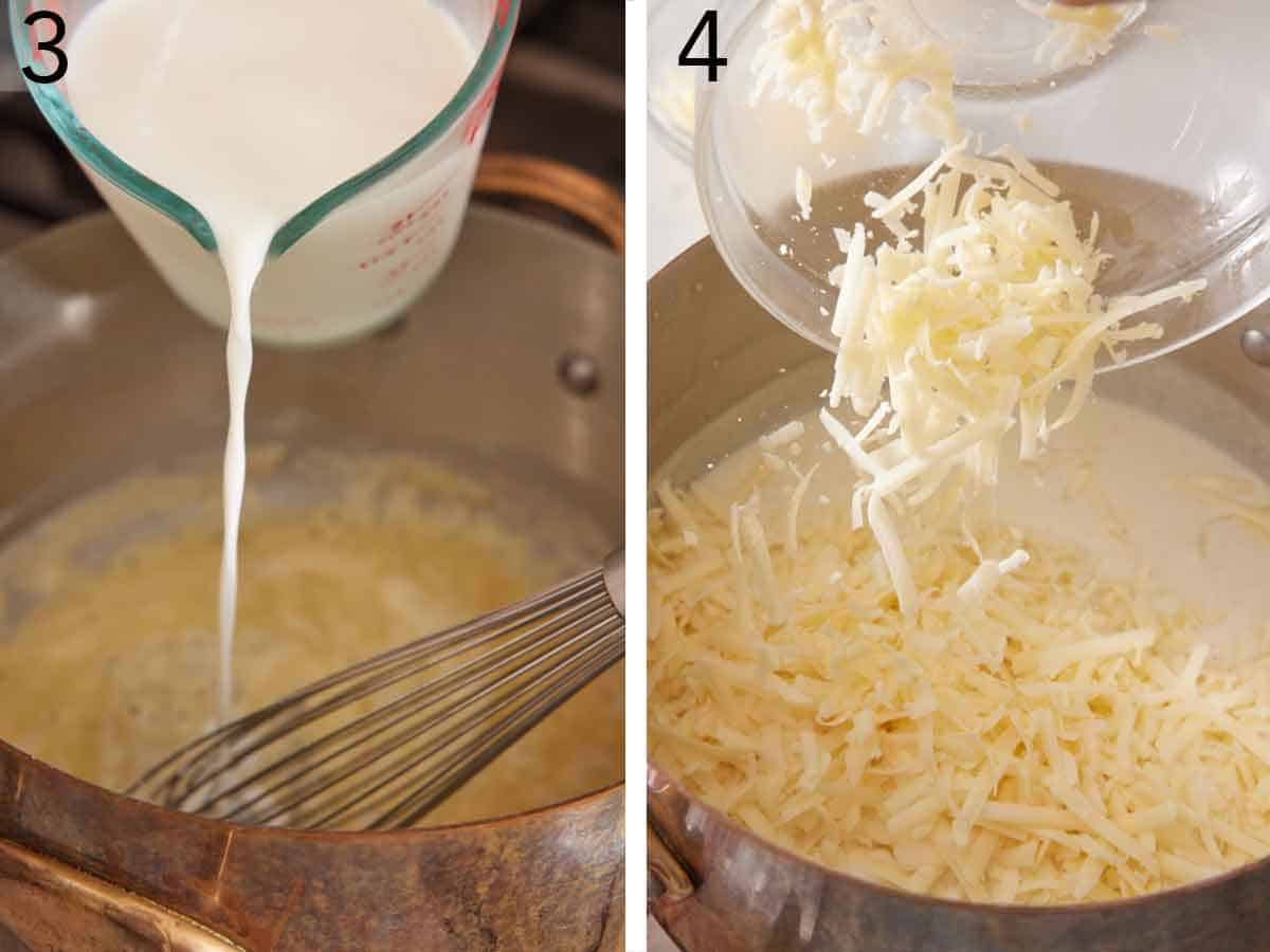 Set of two photos showing milk and cheese added to the post.