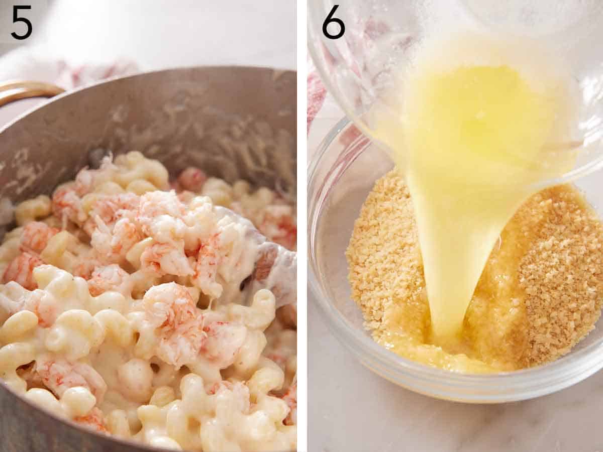 Set of two photos showing lobster meat added to the pot of cheesy pasta and melted butter added to breadcrumbs.