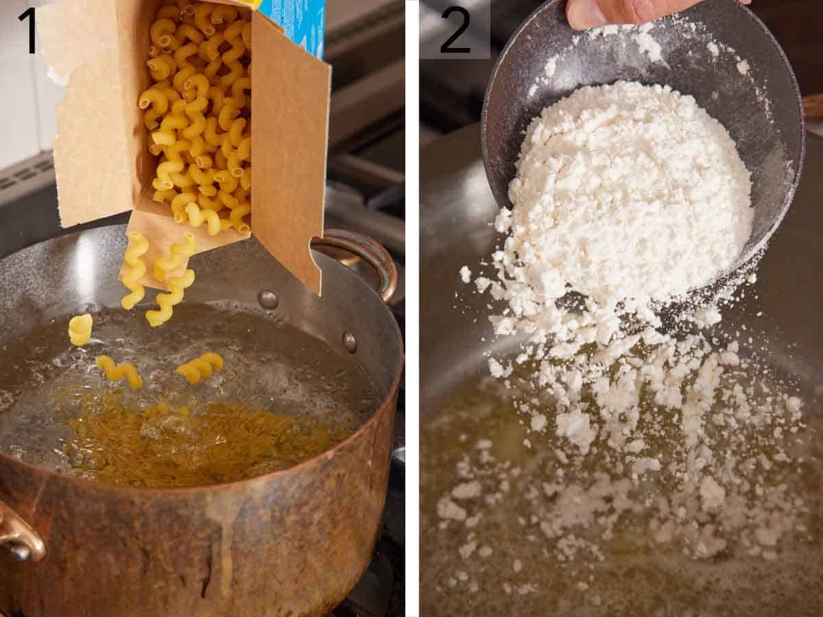 Set of two photos showing pasta added to a pot of water and flour added to melted butter in a skillet.