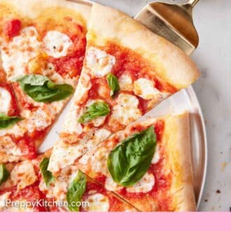 Pinterest graphic of a slice of margherita pizza being lifted from the fresh of the pizza. A small bowl of pepper beside it.