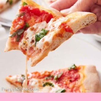 Pinterest graphic of a slice of margherita pizza with a large bite taken out.