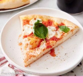Pinterest graphic of a slice of margherita pizza on a white plate.