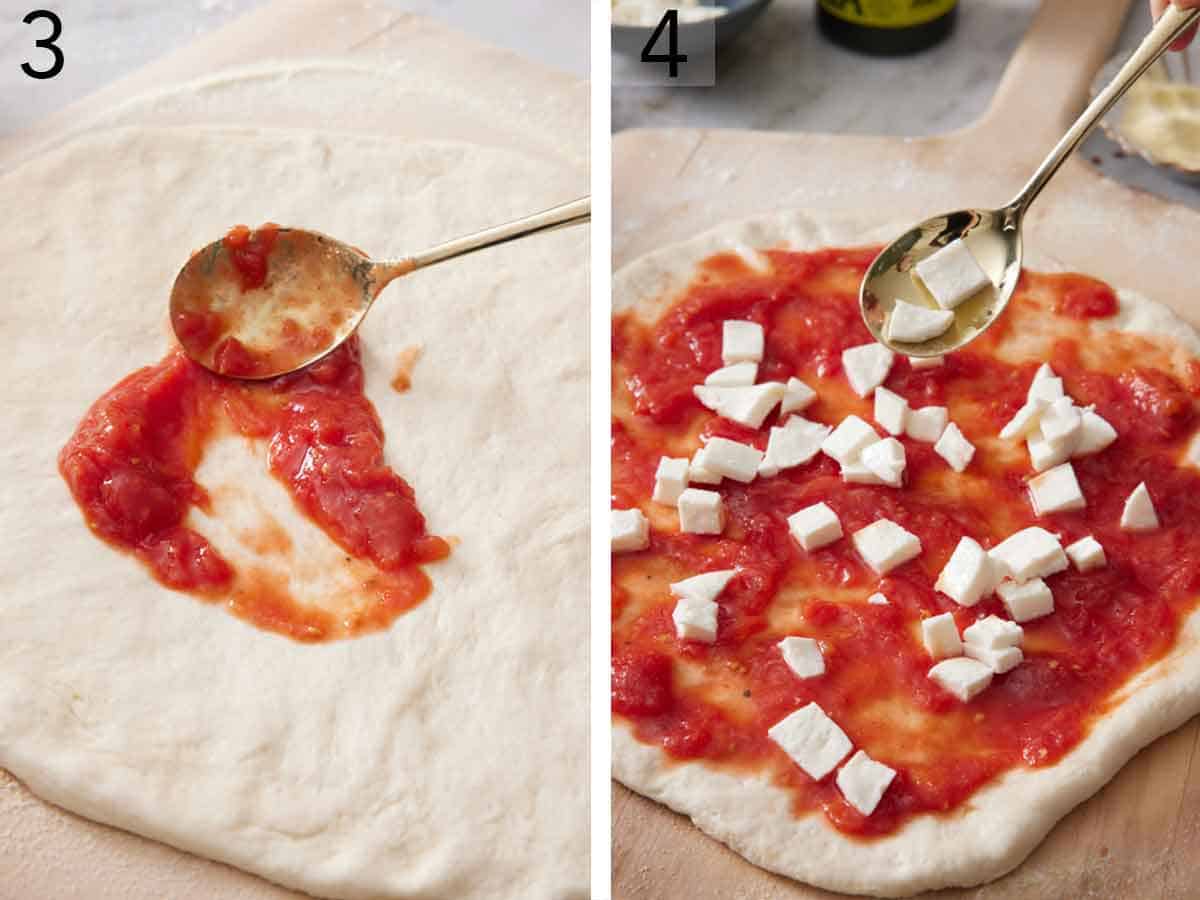 Set of two photos showing tomato sauce and cheese added to the dough.
