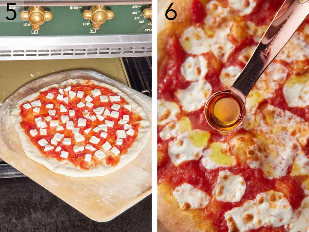 Set of two photos showing the pizza transferred to the oven then oil drizzled on top.