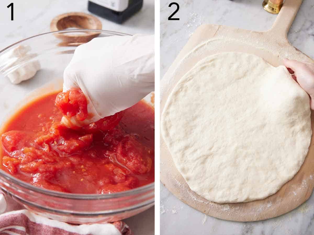Set of two photos showing tomatoes in a bowl squished with a hand and dough rolled out.