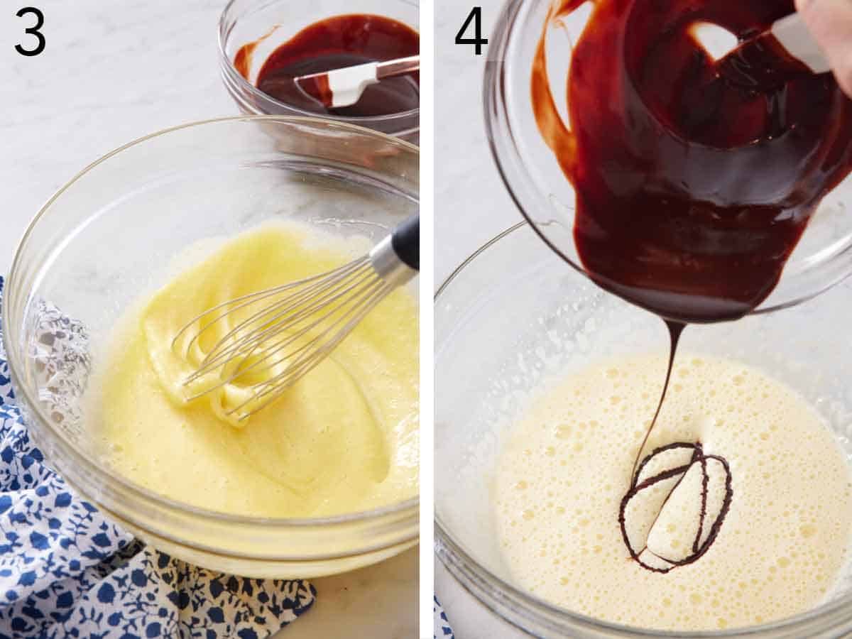 Set of two photos showing melted butter whisked and melted chocolate poured in.