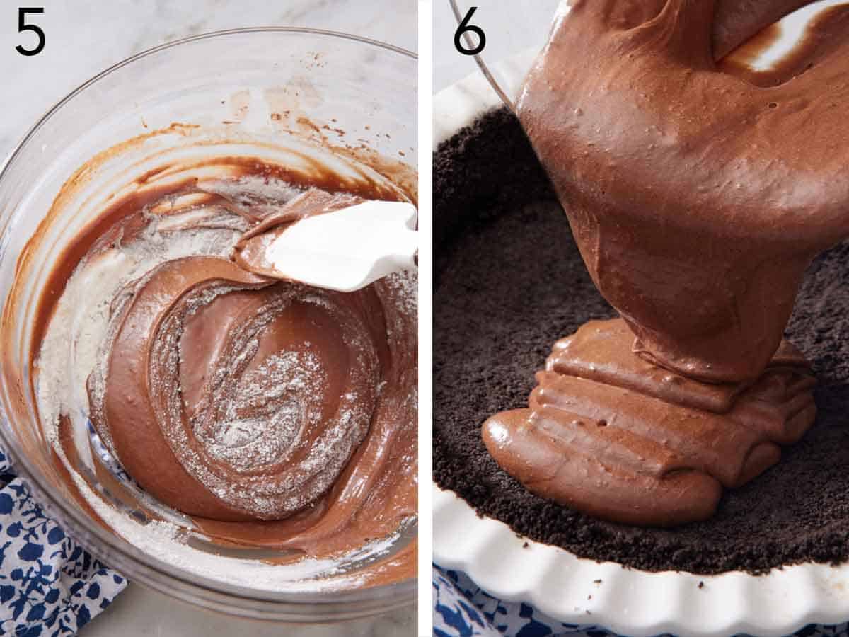 Set of two photos showing batter combined and poured into a crust.